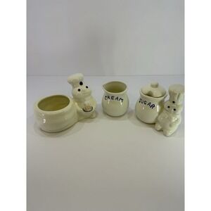 Vintage Pillsbury Doughboy Cream Sugar Set Spoon Holder 4pc 1997